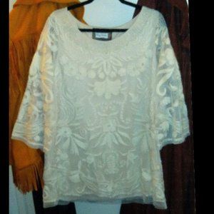 Vintage Collection Beaded Mesh Lace Tunic Dress Bell Sleeves Ivory XL